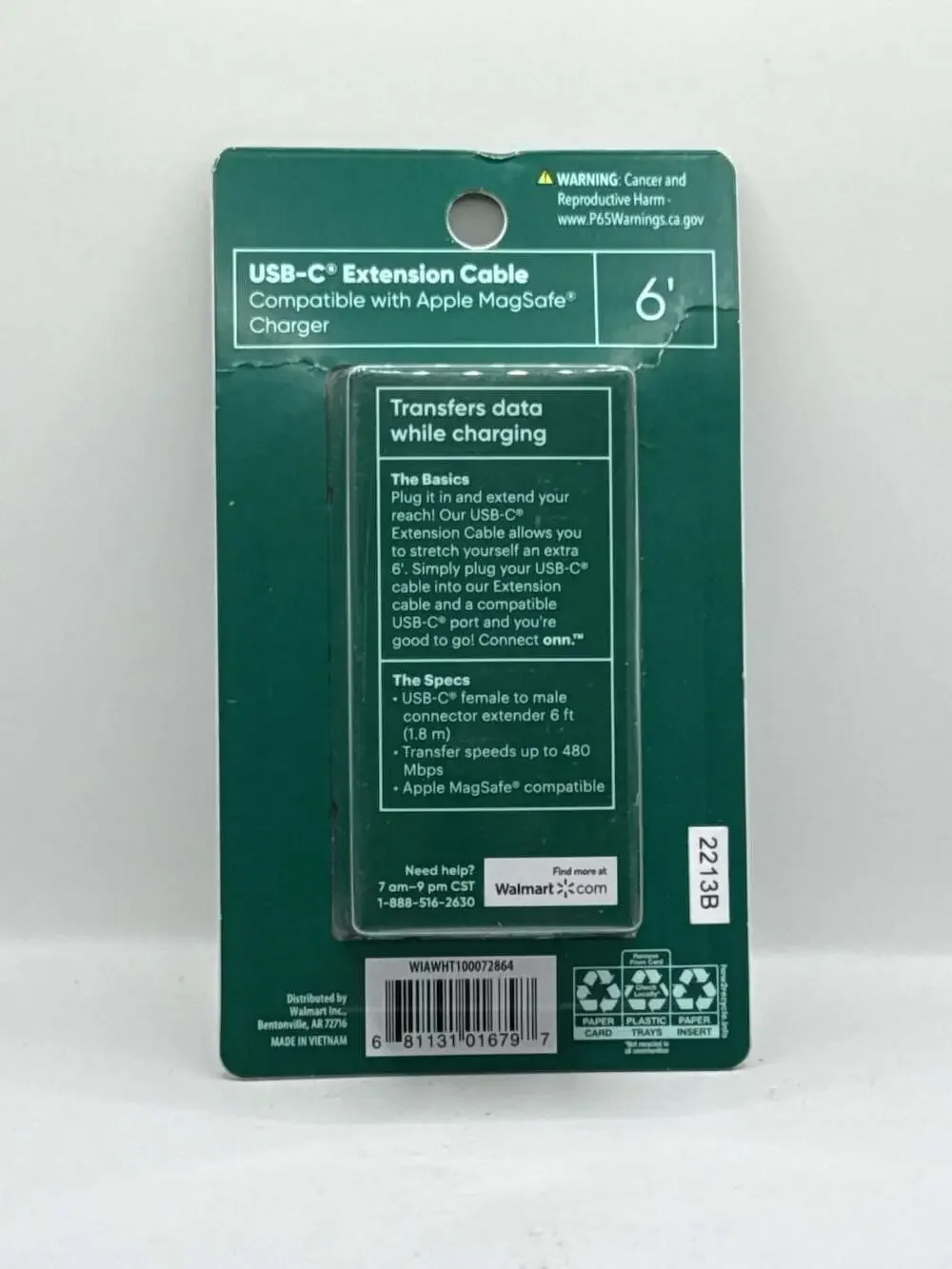 connect onn. USB-C Extension Cable Size 6 ft White